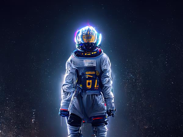 لباس فضانورد با کلاه ایمنی درخشان در برابر آسمان تاریک