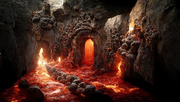 تصویر شطرنجی از غار زیبا در غار داغ صخره به دلیل ماگما و فوران آتشفشان درگاه آتشفشانی به سیاه چال عمیق زیرزمینی فرود به تخت جهنم رندر آثار هنری سه بعدی