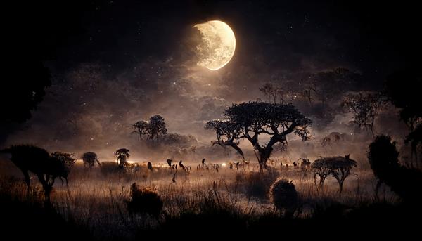 شب در ساوانا مزرعه ای با درختان در زیر آسمان پر ستاره تاریک با ماه کامل