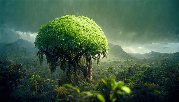 تصویر شطرنجی از درخت زیبای ژاپنی در بیشه‌زار زیر باران شدید جنگل‌های جنگل‌های آسیایی کوه‌های درخت بامبو بائوباب حیات وحش زیبایی طبیعت مفهوم رندر سه بعدی پس‌زمینه آثار هنری