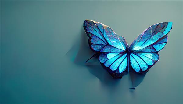 یک پروانه آبی روی دیوار آبی روشن می نشیند
