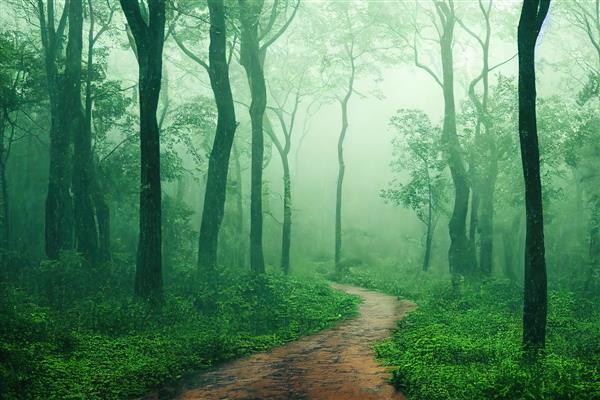 منظره جنگلی تابستانی با درختان سبز و مسیر در هوای بارانی