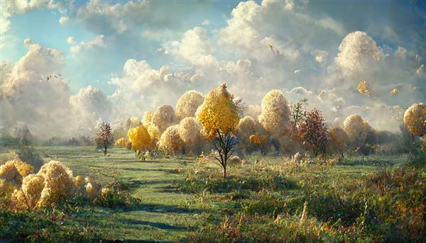 درختان منظره با شاخ و برگ های پاییزی زرد در زمینی با چمن زیر آسمان آبی با ابرها