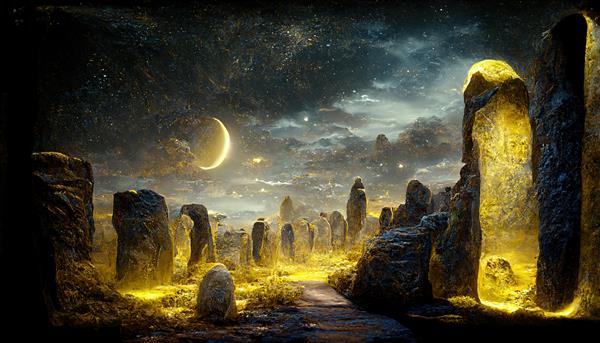 پورتال جادویی با درخشش در قاب سنگی در شب آسمان پرستاره با هلال ماه