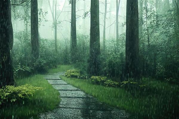 روز بارانی تابستان در جنگل تاریک تنه درختان چمن سبز و مسیر
