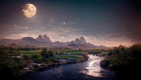 دره کوه تابستانی با رودخانه ای در افق در شب ماه کامل در آسمان