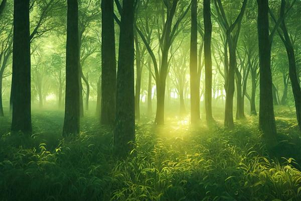 صبح در جنگل درختان بلند مسیری در چمن پرتوهای خورشید بر زمین می افتند