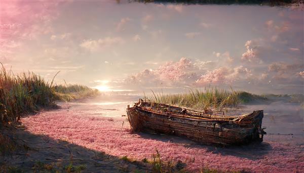 ساحل طلوع خورشید و قایق چوبی قدیمی آسمان صورتی با خورشید درخشان بر روی آب دریا