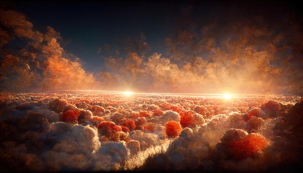 غروب خورشید در آسمان بالای ابرها با آفتاب نارنجی و ابرهای کرکی سفید می درخشد