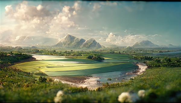 منظره ای با مزارع سبز دریاچه و کوه در افق تابستان