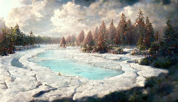 جنگل زمستانی با دریاچه درختان مخروطی و کوه های پوشیده از برف