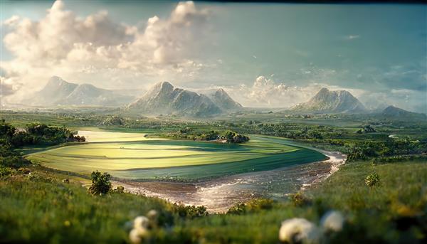 منظره ای با مزارع سبز دریاچه و کوه در افق تابستان
