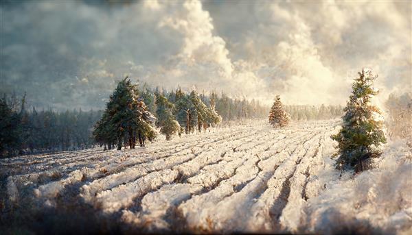 منظره زمستانی با برف سفید روی مزرعه و درختان مخروطی وکتور تصویر کارتونی پارک طبیعی جنگلی یا حومه شهر با درختان مخروطی