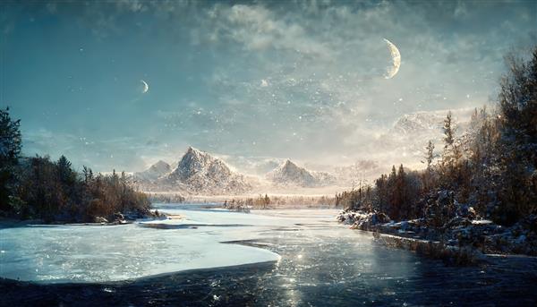 منظره یک آب انبار زمستانی و کوه ها در صبح زود ماه و ستاره ها در آسمان