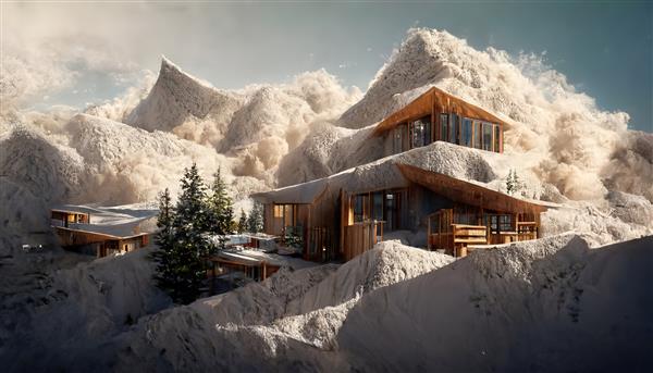 مناظر زمستانی در کوهستان خانه های بالای کوه با برف روی پشت بام زیر آسمان آبی