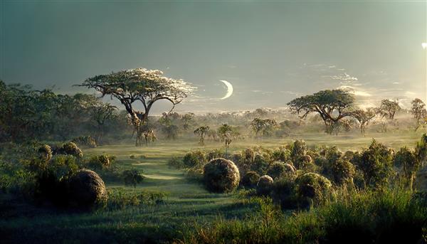 ساوانا با درختان و چمن سبز در اوایل صبح ماه در آسمان