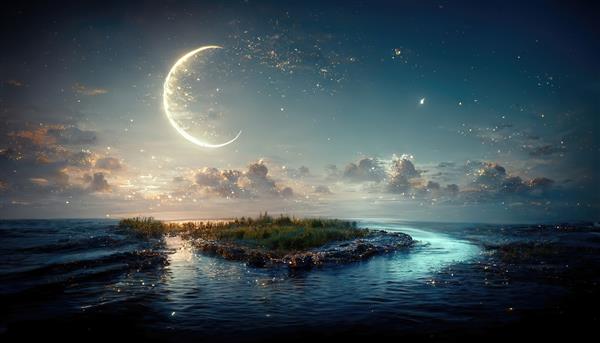 منظره دریایی با ماه و ستاره در آسمان آب نور ستاره ها را منعکس می کند