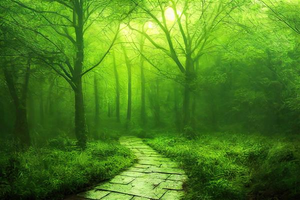 جنگل جنگل در تابستان در باران درختان سبز چمن و مسیر در هوای بارانی
