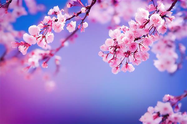 پس زمینه آبی یاسی روشن با تصویر سه بعدی شاخه های شکوفه گیلاس