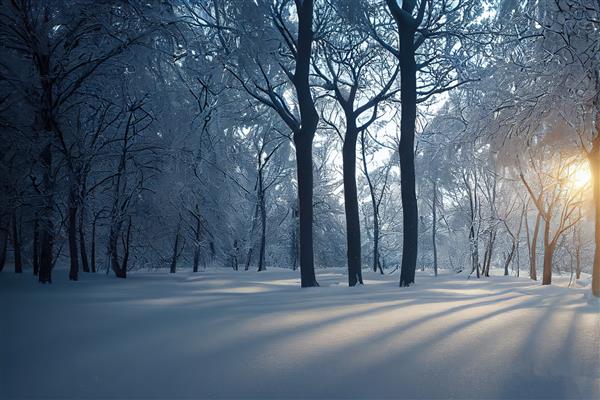 منظره زمستانی با جنگل غروب آفتاب با درختان پوشیده از برف در برف تصویر سه بعدی