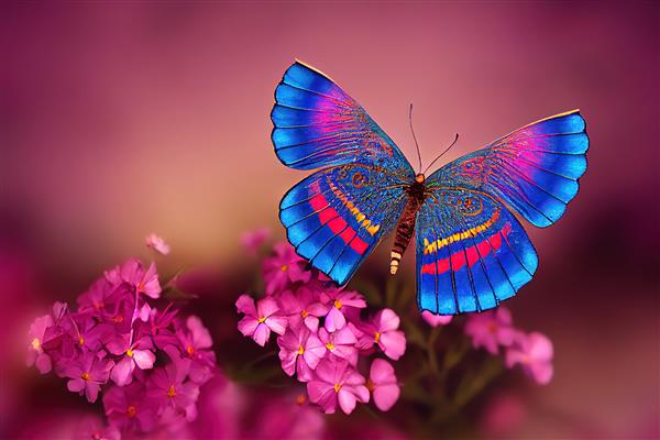 یک پروانه درخشان بر روی تصویر سه بعدی گل صورتی سرسبز پرواز می کند