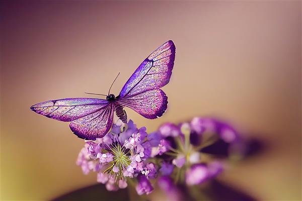 پروانه با بال های بنفش روی گل در بهار در پرتوهای نور تصویر سه بعدی