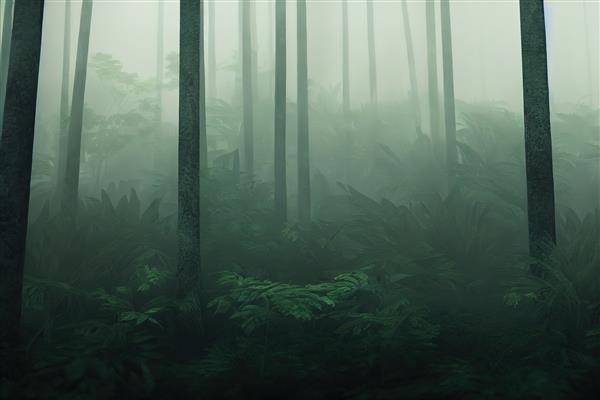مه در یک جنگل سبز با درختان و بوته ها رندر سه بعدی
