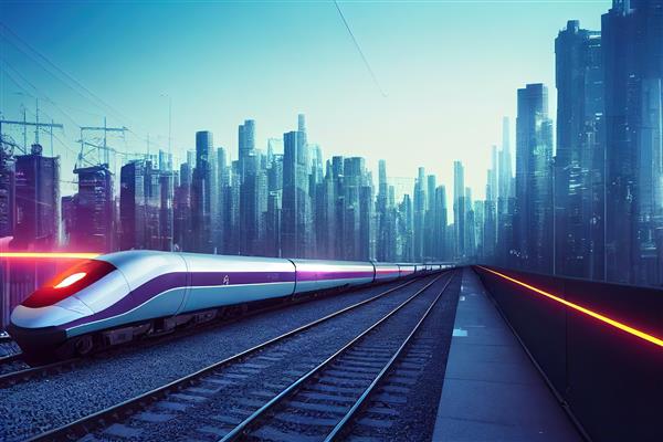 قطار سریع السیر در ایستگاه در مقابل تصویر سه بعدی کلان شهر ایستاده است