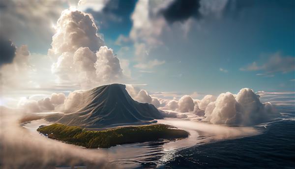 یک کوه تنها در یک جزیره سرسبز در ابرها پوشانده شده است رندر سه بعدی