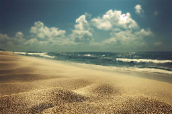 ساحل تابستانی با شن های زرد و آب فیروزه ای دریا در زیر پرتوهای درخشان خورشید تابستانی تصویر سه بعدی