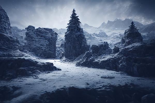 دو درخت صنوبر پوشیده از برف در مرکز کوه های سنگی رندر سه بعدی وجود دارد