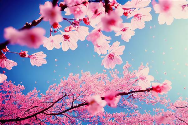 شاخه های شکوفه های گیلاس صورتی در برابر تصویر سه بعدی آسمان آبی