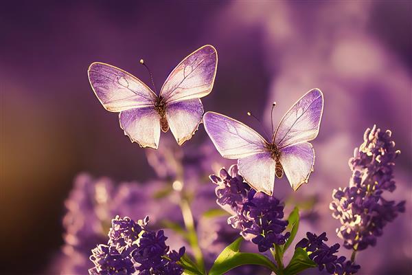 پروانه یاس بنفش روی گلهای اسطوخودوس در پرتوهای نور خورشید تابستانی تصویر سه بعدی