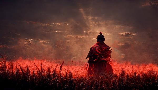 سامورایی شبح در زمینه ای از تصویر سه بعدی قرمز