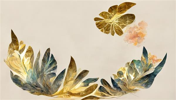 گل‌های آبرنگ انتزاعی پس‌زمینه گل‌های مجلل زیبا با فضایی برای متن یک پوستر یا بروشور با بافت طلایی از گل‌ها و برگ‌های شکوفه‌دار تصویر سه بعدی