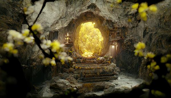تصویر شطرنجی از پورتال در کوه در بودایی آسیایی عناصر زمین آب سنگ آتش یک شاخه زیبا با گل در پله های پیش زمینه به پورتال دوربری رندر سه بعدی