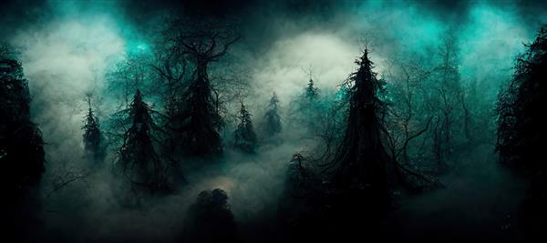 سایه های سیاه درختان در جنگلی پوشیده از مه ایستاده اند رندر سه بعدی