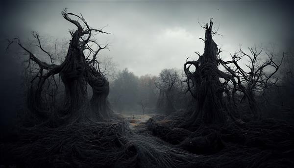 تصویر شطرنجی از جاده خالی شبح وار در جنگل ترسناک تاریک زیر ابرهای مه صحنه ای از یک فیلم ترسناک دود مه پاییزی شب برهنه ترس از درخت ترس واقعی رئالیسم جادویی ترس مفهوم اثر هنری سه بعدی