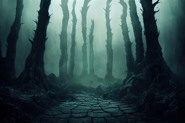 تصویر شطرنجی از جریان خشک شبح وار در جنگل ترسناک تاریک زیر ابرهای مه صحنه از فیلم ترسناک جادوی تاریک عرفان غیبت هالووین رئالیسم جادویی مفهوم ترس اثر هنری سه بعدی