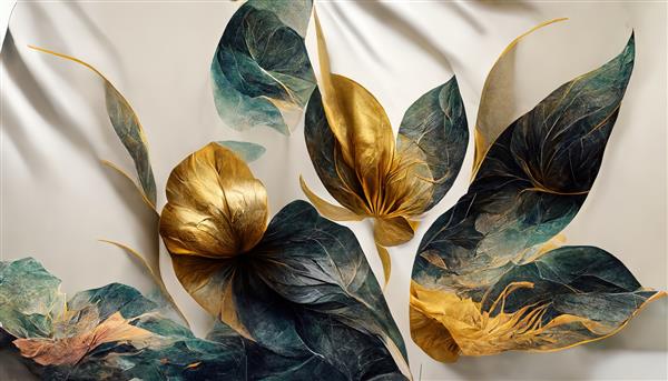 گل‌های آبرنگ انتزاعی بافت‌دار با درخشش طلایی کارت گل زیبا یا الگوی بنر با فضایی برای تصویرسازی متنی سه بعدی