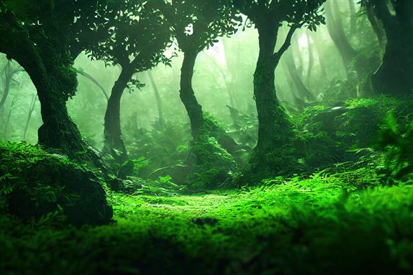 تصویر شطرنجی از زیبای سبز غیرقابل نفوذ حیات وحش جنگل خزنده خزه چمن سبزه جنگل های استوایی گیاهان عجیب و غریب زیبایی مفهوم وحشی رندر سه بعدی آثار هنری