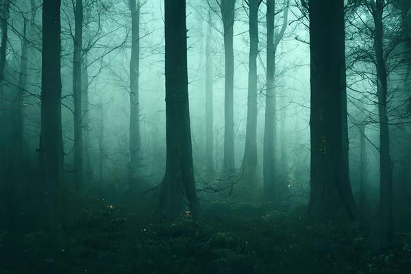 تصویر شطرنجی ترسناک و تاریک ترسناک جنگل غیر قابل نفوذ زیر ابرهای مه صحنه ای از فیلم ترسناک دود غبار پاییز شب برهنه درخت ترس رئالیسم جادویی ترس آثار هنری سه بعدی