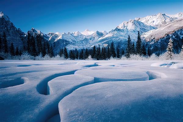 تصویر شطرنجی نمایی زیبا از جنگل‌های پوشیده از برف کوه‌ها و دریاچه از دید پرنده یخ‌شکن برف شکسته یخ حیات وحش باران سرد دمای زمستان رندر سه بعدی