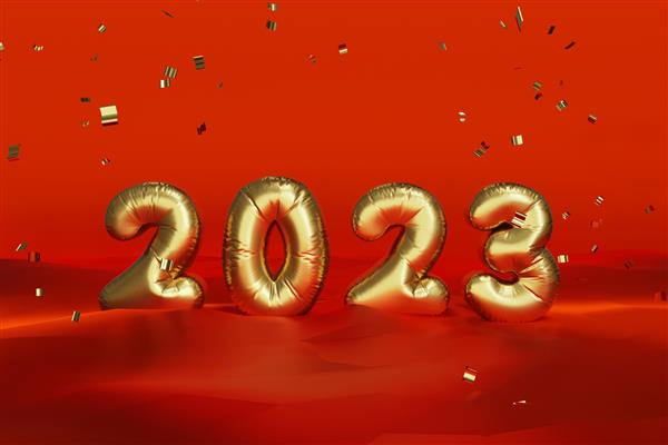 متن 2023 ساخته شده از بادکنک های بادی طلایی در پس زمینه قرمز با رندر سه بعدی کانفتی طلایی