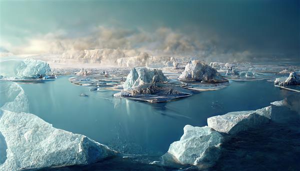 کوه های یخ بزرگ در آب سرد اقیانوس در برابر زمین یخ زده