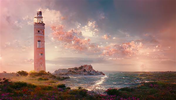 برج فانوس دریایی مرتفع در ساحل اقیانوس با علفزار شکوفه