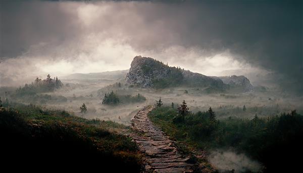 جاده سنگی از طریق دره مه آلود به کوه در روز ابری