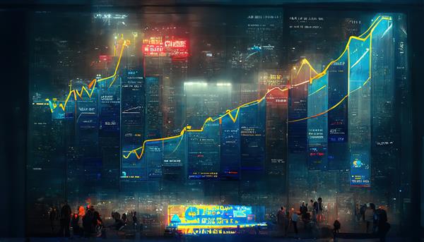 نمای شبانه مرکز شهر و نمودارهای بازار سهام برای تجارت