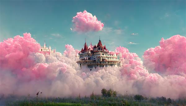قلعه افسانه ای شناور در ابرهای صورتی در برابر آسمان آبی