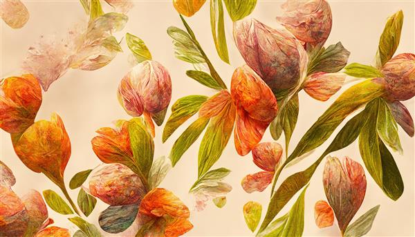 گل‌ها و شاخه‌های درخشان زیبا در پس‌زمینه‌ای روشن دکور گل‌های قدیمی برای تصویر سه‌بعدی گیاه فانتزی کارت پستال